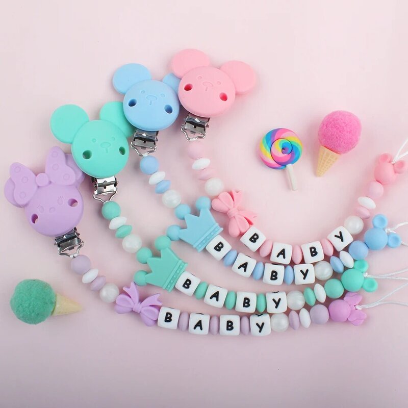 1pc Baby Pacifier Clips Chain Customized Name Silicone Beads Dummy Holder Chain Teether Toys Boys Girls Chew Gift Dummy Clips