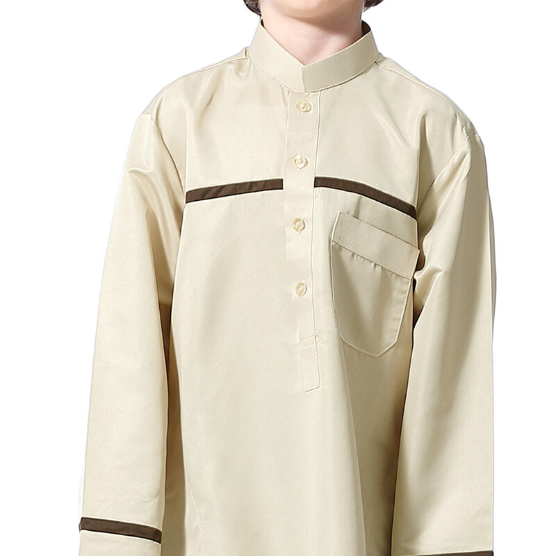 Jongens Moslim Gewaden Saudi Arabia Dubai Qatar Jongens Effen Kleur Knoop Opstaande Kraag Lang Shirt Abaya Jurk Islamitische Kleding