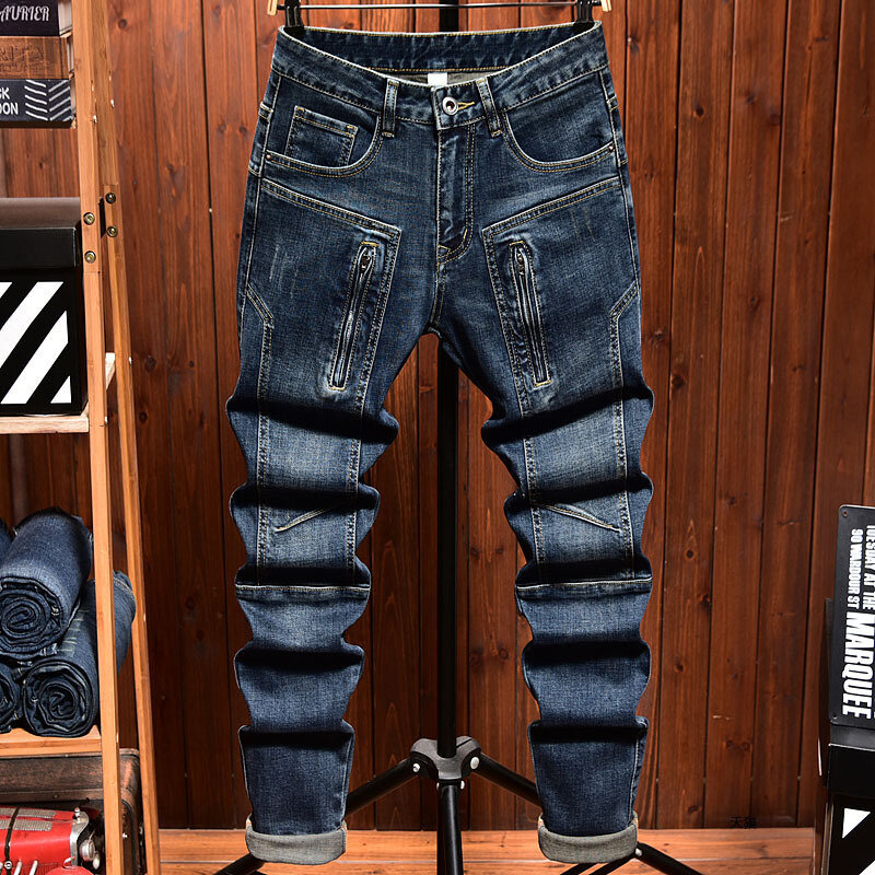 New high-end motorcycle jeans MEN'S slim fit straight leg elastic fashion brand zipper washed blue casual biker denim pants