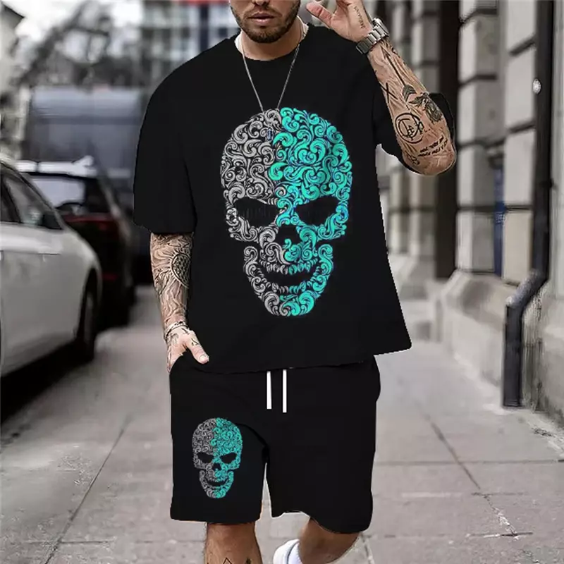 Summer New Casual Men's Blue Skull Print T-Shirt Set Fashion Streetwear Loose Oversized Breathable Soft Short Sleeves And Shorts