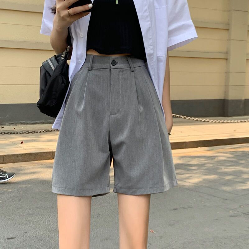 Setelan celana pendek wanita, celana perempuan Mini kasual A-Line, celana tengah gaya komuter baru musim panas, setelan celana tipis longgar pinggang tinggi