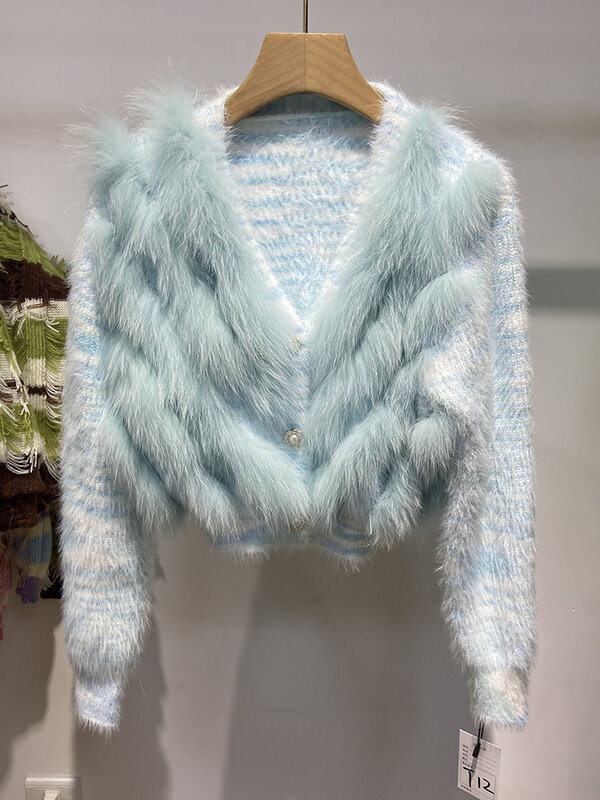 Sweater bulu rubah asli wanita musim semi keluaran baru jaket rajutan musim gugur bulu asli hijau biru
