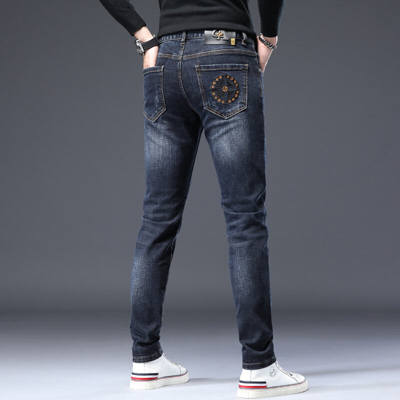 Мужские джинсы с вышивкой, Модные зауженные брюки стрейч с принтом, модель 2024 года