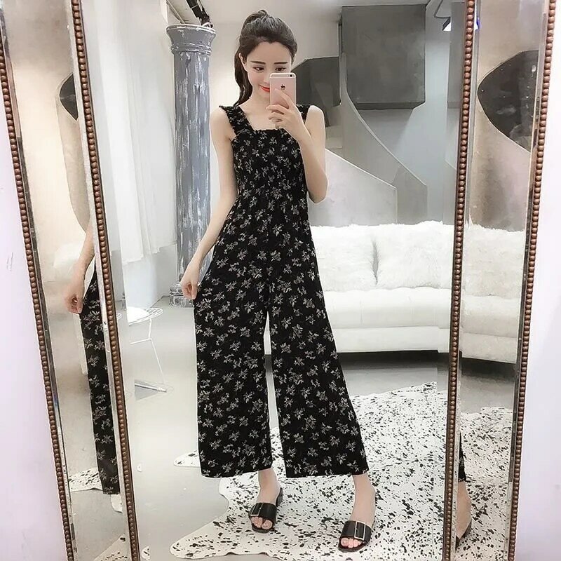 Overall Jumpsuit Trousers Suspender Pants Women Ethnic Style Romper Floral Print Summer Sleeveless Sexy Lady Bohemian Beach