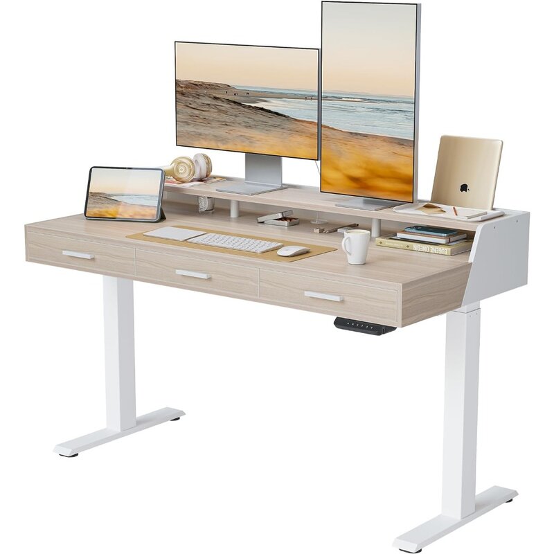 Mesa elétrica com gavetas, mesa de pé com prateleira de monitor, altura ajustável, 55x26 polegadas