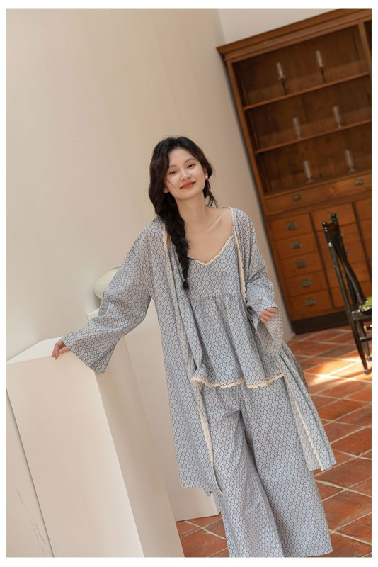Women Spring Summer 3 Pcs Pajams Gown Set Female Sweet Geometric Printed Robe Top Pants Home Clothing Casual Loose Nightdress