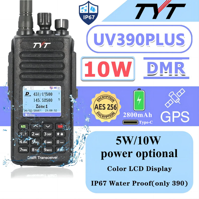 TYT MD-UV390PLUS Walkie Talkie MD UV390 AES256 Digital DMR tahan air Dual Band UV transceiver GPS opsional
