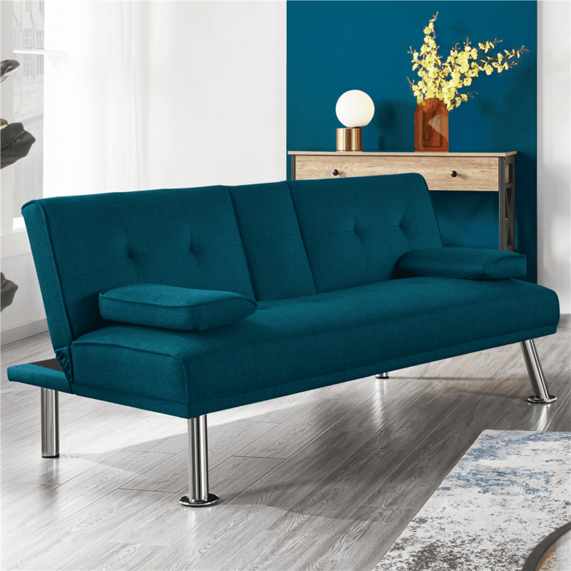 Canapé-lit futon convertible avec pieds en métal chromé et 2 porte-gobelets, bleu aqua