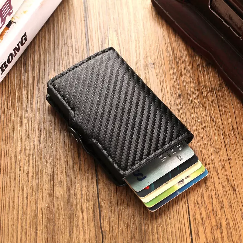 DIENQI 탄소 섬유 RFID 방지 신용 카드 홀더, 미니멀리스트 지갑 케이스, 남성 슬림 가죽 비즈니스 은행 카드 홀더 포켓 지갑