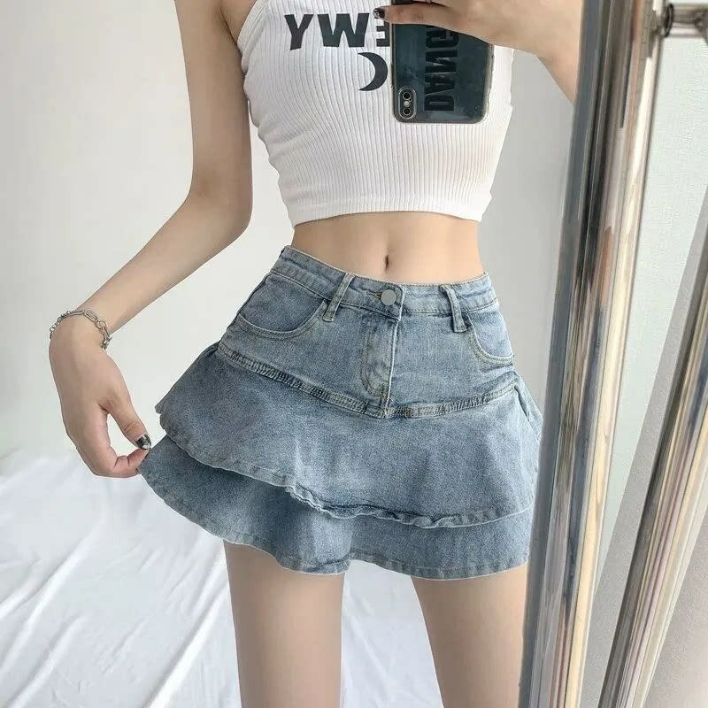 2023 rok Mini kerut seksi wanita Denim musim panas Vintage lucu pinggang tinggi Patchwork A-line rok Jeans pendek Gyaru Streetwear