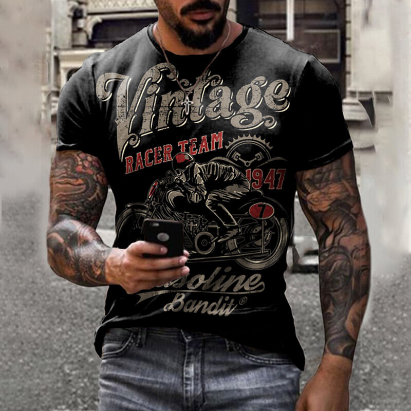 Camiseta con estampado de motocicleta 3D para hombre, camisa clásica Vintage de manga corta para hombre, camisas de motorista de paseo callejero, Tops de gran tamaño