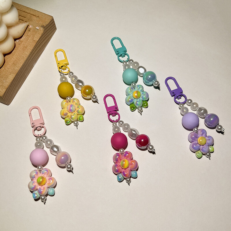 Acrylic Colourful Flower Pearl Keychain For Women Girls Keyring Pendants For Car Keyholder Handbag Decor Diy Jewelry Gifts