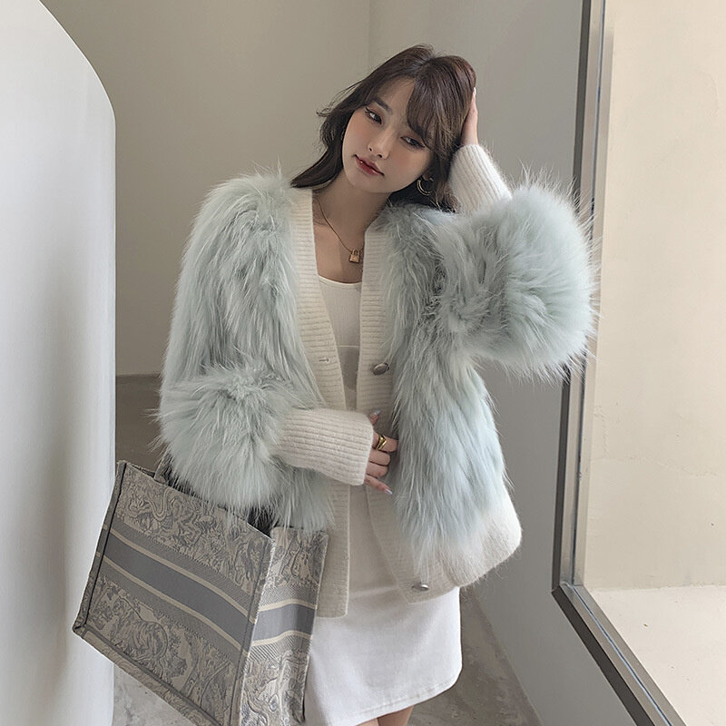 Mantel bulu Wanita Mode Korea musim dingin kasual kerah V kancing sebaris rajutan alami rakun jaket bulu anjing casakas para mujer