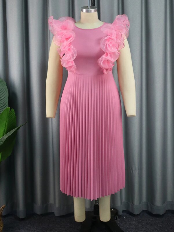 Invonta gaun berlipat merah muda wanita ukuran besar 3XL 4XL kerut tanpa lengan pinggang tinggi garis A kasual pesta malam gaun ulang tahun
