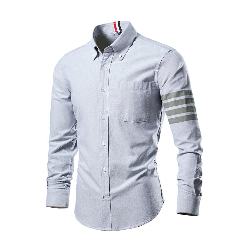 Camisa de algodão puro manga comprida masculina com bolsos, gola virada para baixo masculina, camisa de botão para cima, tops macios, roupas de marca, primavera, outono, nova
