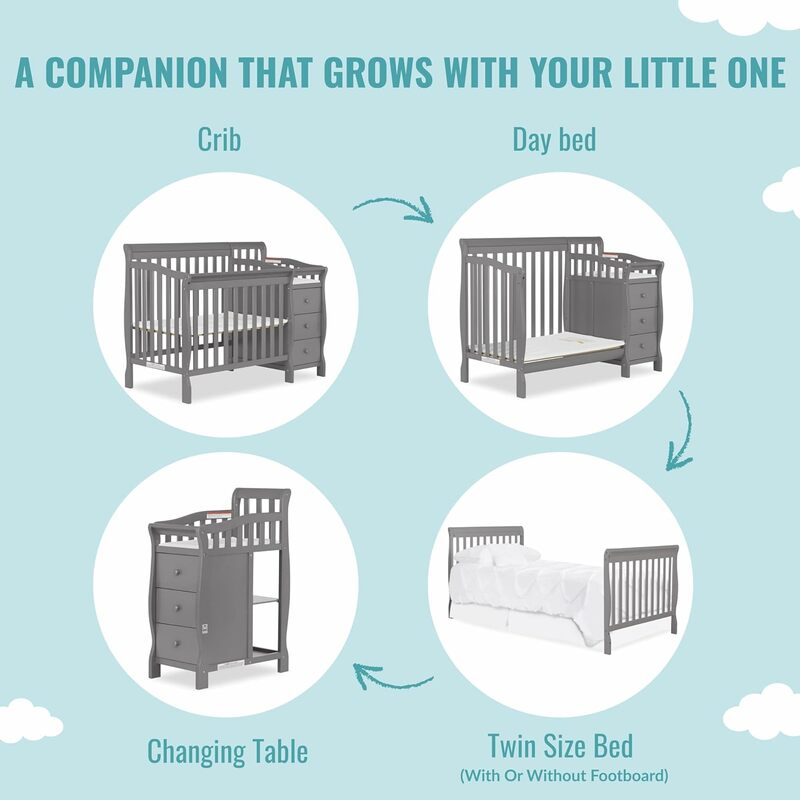 Dream On Me Jayden 4-in-1 Mini Convertible Crib And Changer in Storm Grey, Greenguard Gold Certified,(bed rails sold separately)