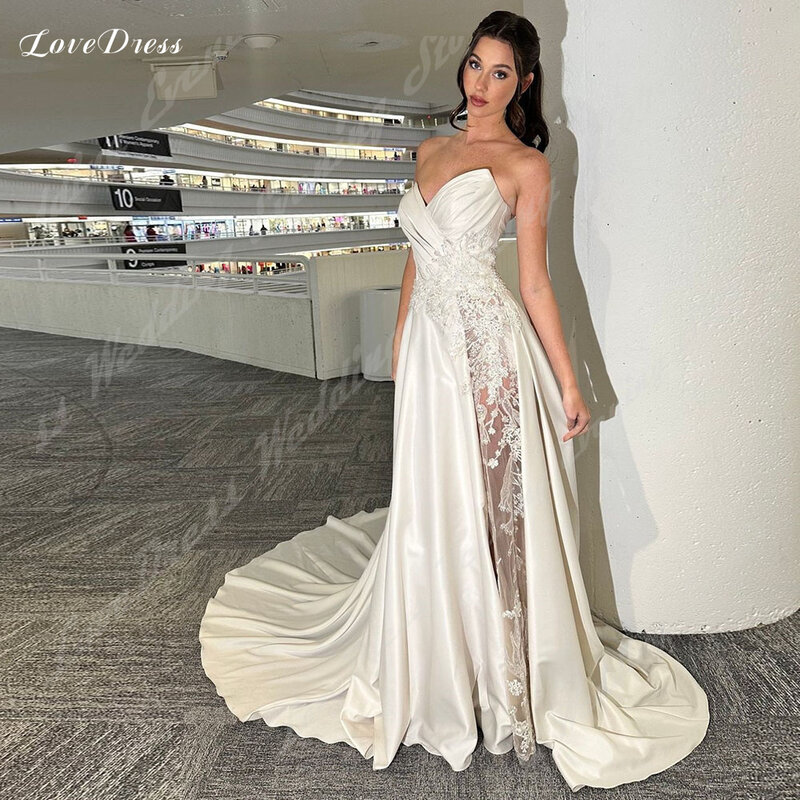 LoveDress elegan kerah Sweetheart gaun pernikahan seksi tinggi Split A-Line renda applique tanpa lengan gaun pengantin Robe De marifee