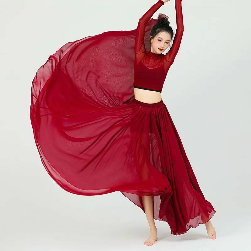 중국 고대 스타일 스커트 세트, 기질 재즈 댄스 버건디, 다목적 댄스 사진 촬영, 코스튬 공연 하프 스커트