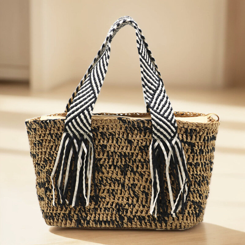 Summer Paper Rope Beach Bag Striped Tassel Handle Women Designer Handbags Bohemian Woven Straw Basket Bags for Women Tote Bag