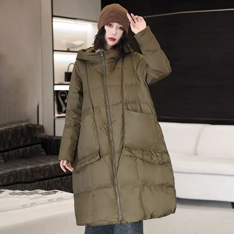 Mantel panjang hangat bertudung untuk wanita, mantel parka versi panjang sedang longgar ukuran besar tebal 2023