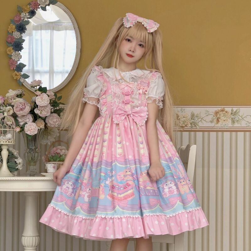 Wiktoriańskie sukienka Lolita damskie bez rękawów z kokardą księżniczka na przyjęcie deser domek dla lalek dziewczyny słodkie Jsk Halloween ロ リ ー タ