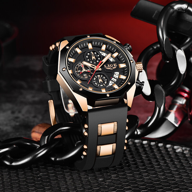 FOXBOX WristWatch Men's Top Luxury Brand Silicone Strap Sports Quartz Men's Watch Chronograph Casual Waterprooof Watch For Men
