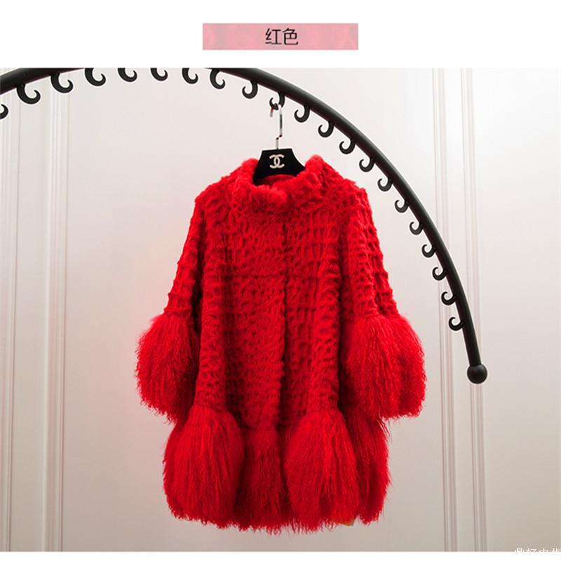Fashion The New Natural Rabbit Fur Coat Winter Keep Warm Engraved Pattern Beach Wool Stitching Loose Mid Length Women Coat
