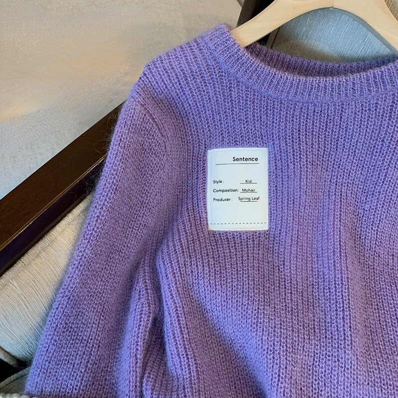Sweter jesienno-zimowy damski sweter z dekoltem kontrastowym kolorowy Patchwork sweter z długim rękawem i dekoltem w stylu Vintage Pull Femme fioletowy sweter
