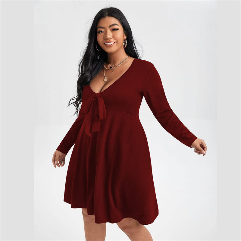Ladies Plus Size Dresses Fashion Spring Autumn Sexy Deep V-Neck Bow A Line Oversized Women Clothes Long Sleeve Casual Dress 2022