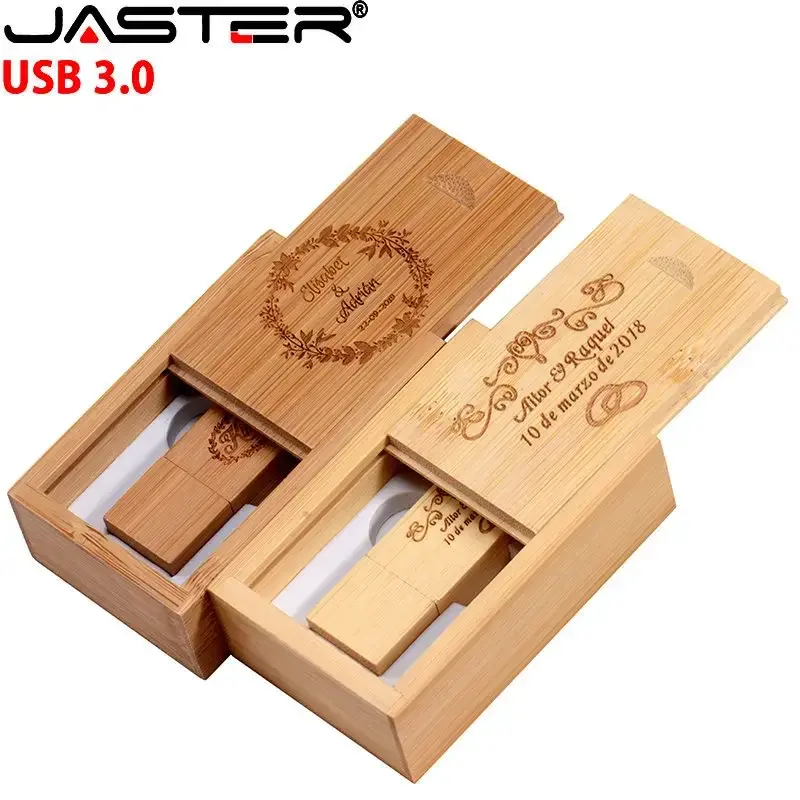 JASTER Free Custom Logo USB Flash Drives 128GB Photography Studio USB Stick 3.0 64GB 32GB Box Wood Pen Drive 16GB Wedding Gift