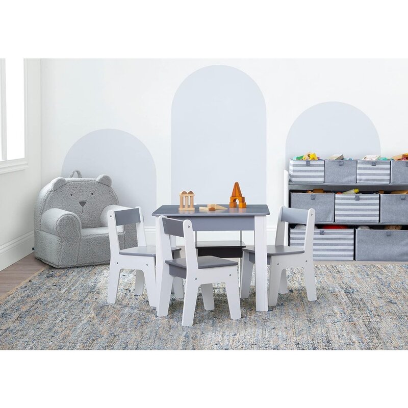 Ensemble de tables et 4 chaises pour enfants, meubles pour enfants, salle de jeux, table d'activité pour tout-petits, gris blanc