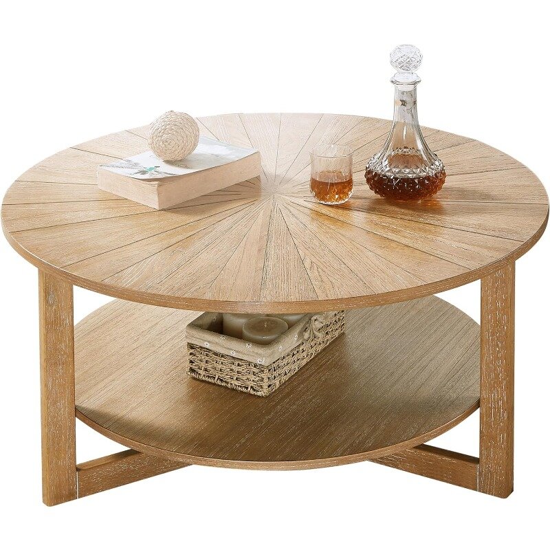 Mesa de centro redonda de madera para sala de estar, Centro de granja rústica circular de 2 niveles con almacenamiento, café de mediados de siglo