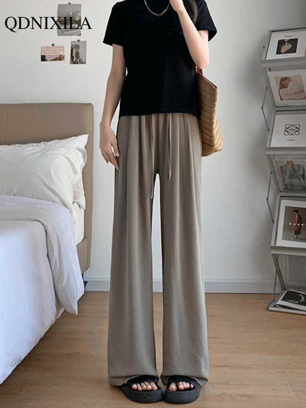Saggy Ice-Pantalon taille haute pour femme, Jambes larges, Mode coréenne élégante, Mince, Été, Nouveau, Fjfor