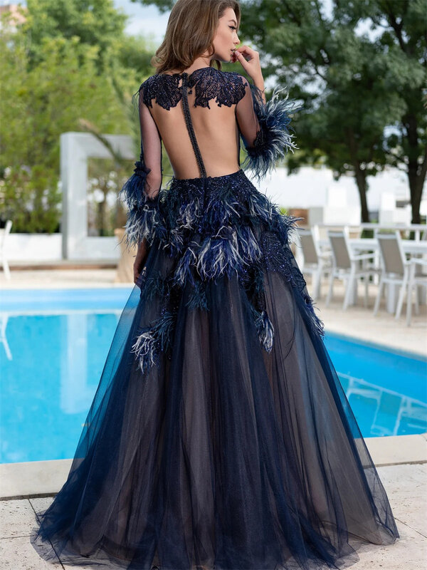 Elegant Feather Dress 2024 Sexy Long Sleeve A-Line Evening Dresses Charming Deep V-Neck Floor-length Gowns Vestidos De Novia