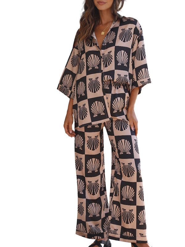 Conjunto de pijama con lazo Y2K para mujer, camisa de manga larga con botones, pantalones de pierna ancha holgados, trajes de salón, ropa de dormir