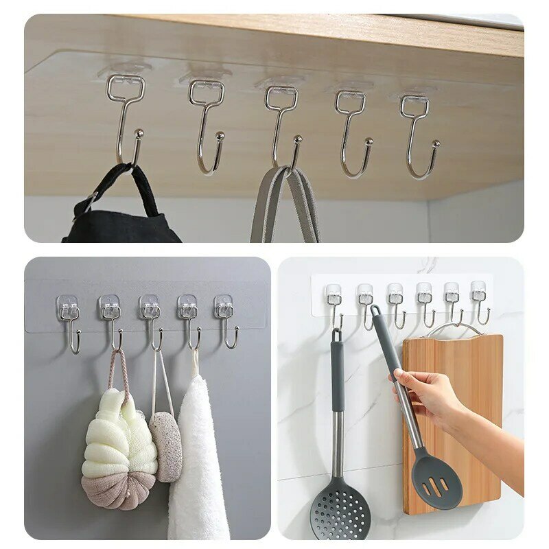 Row Wall Hanging Hook Transparent Wall Hooks for Kitchen Bathroom Strong Hooks Towel Clothes Hanger Key Holder Organizer