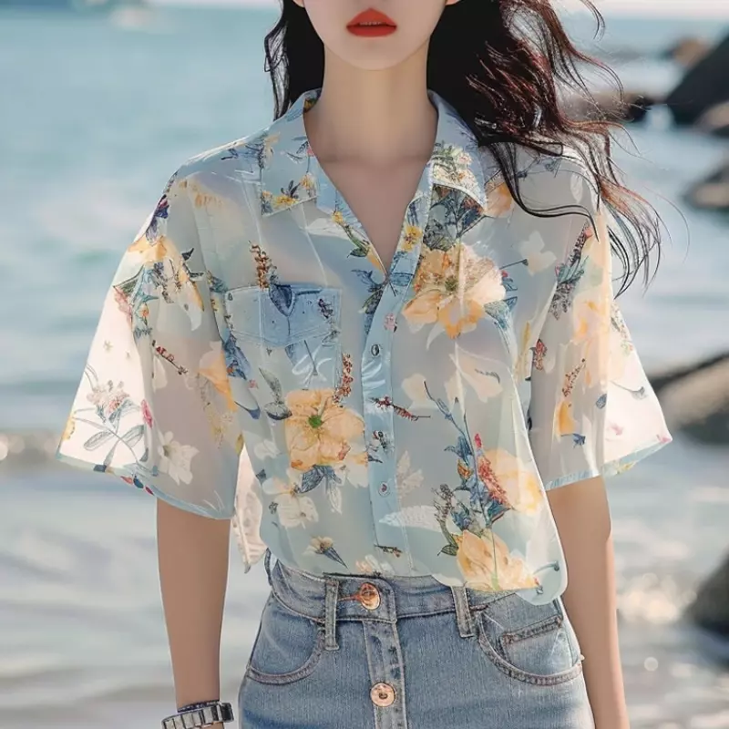 Шифоновая женская рубашка, летняя винтажная блузка с принтом, свободные женские топы с коротким рукавом, модная одежда с цветочным принтом YCMYUNYAN