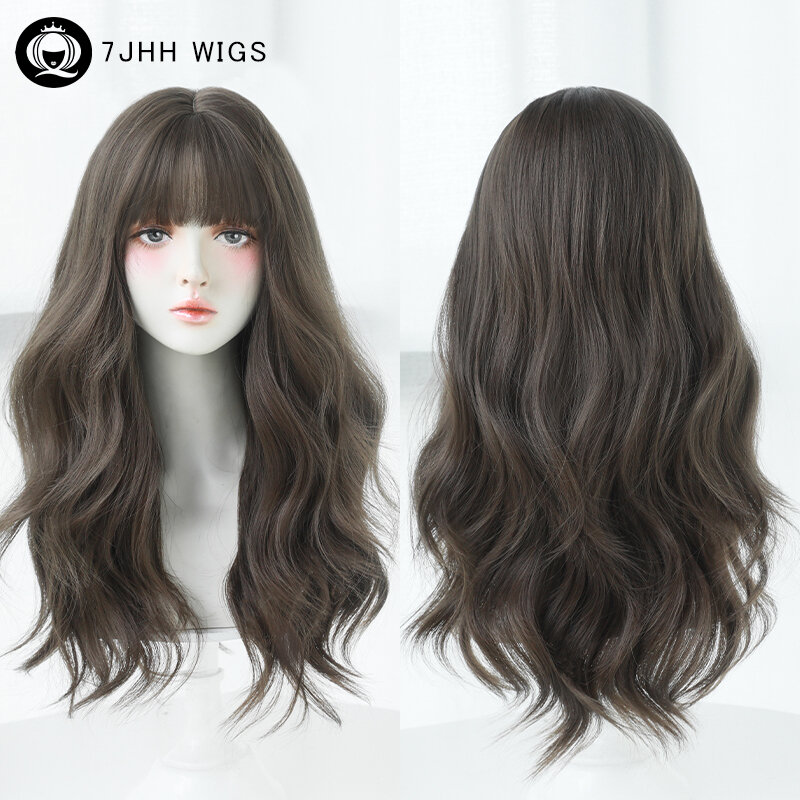 7JHH WIGS Loose Body Wave Cool Brown Hair Wigs with Neat Bangs High Density Synthetic Wavy Hair Wig for Women Daily Routine Wig