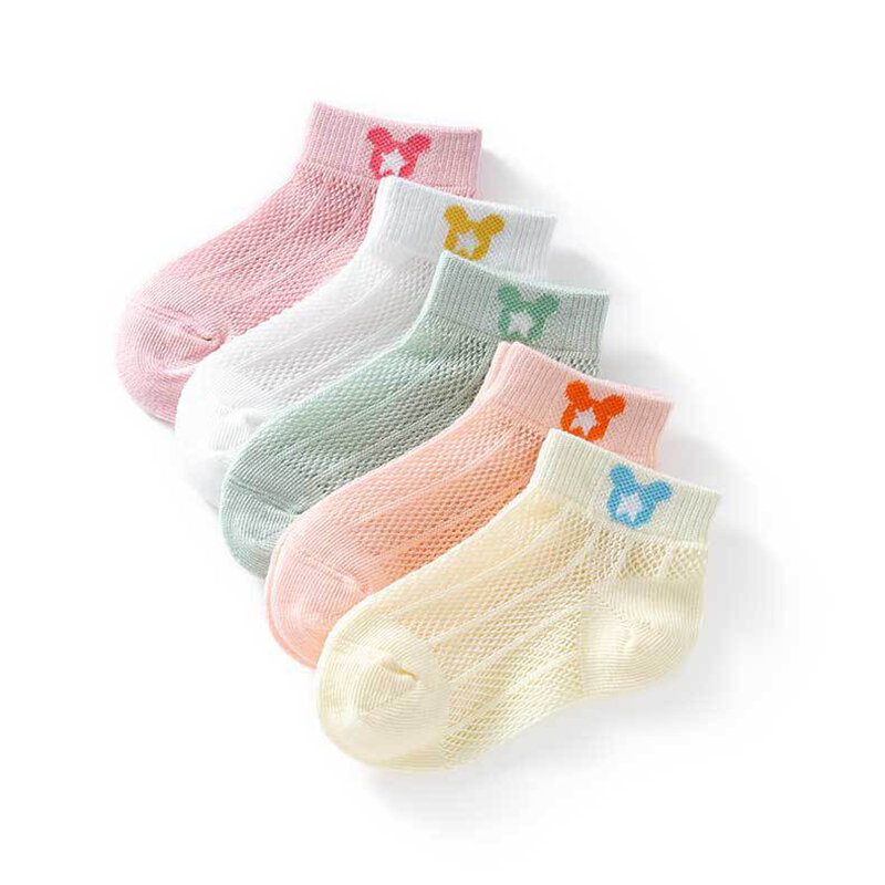 Летние хлопковые детские носки 5 пар, милые тонкие сетчатые детские короткие носки с мультипликационным изображением медведя динозавра, детские носки для мальчиков и девочек, дешевые вещи