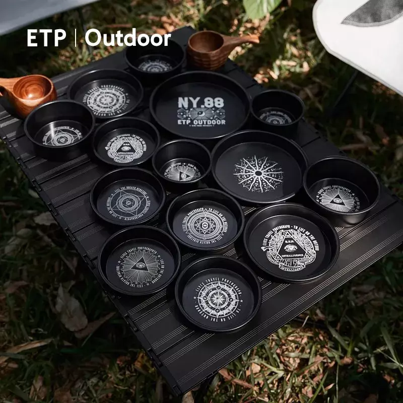 Outdoor camping picnic portable dinner plate blackened aluminum alloy fruit plate lightweight equipment camping dish