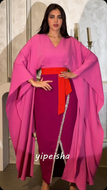 Платье для выпускного вечера из Саудовской Аравии, Изысканный современный стиль, с V-образным вырезом, длиной до щиколотки, ТРАПЕЦИЕВИДНОЕ, с бисером, атласные платья на заказ