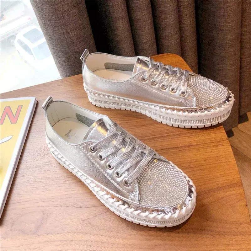 Women Crystal Shoes 2024 Spring Fashion Bing Lace Up Ladies Casual Shoes Comfortable Round Toe Platform Sneakers White Shoes