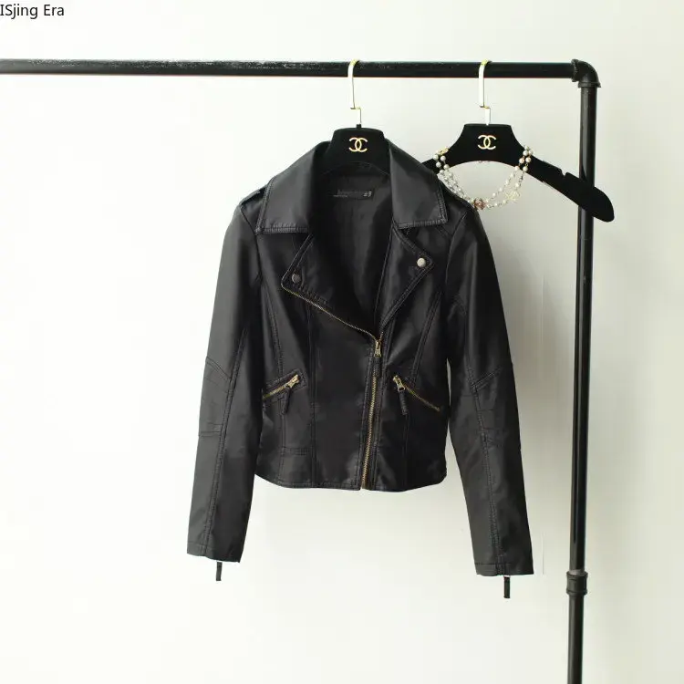 2023 Women Short Fit Flip Collar PU Wash Leather Women Motorcycle Jacket Q7
