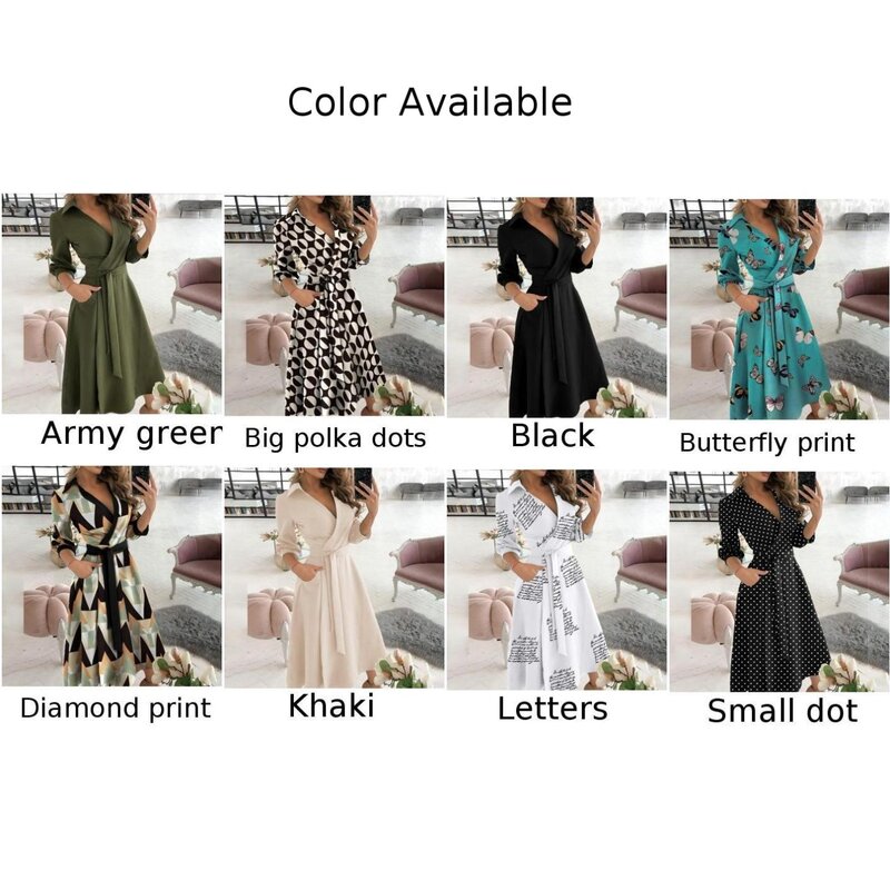 New Fashion Womens Long Sleeve Floral Midi Dress Lace Up Belted V-Neck Solid Wrap Dresses Solid Buttocks Waistband Ladies Skirts