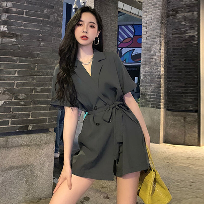 Blazer tipis wanita musim panas 2023 baju terusan kantor wanita Korea baju monyet celana pendek warna polos pakaian kerja wanita