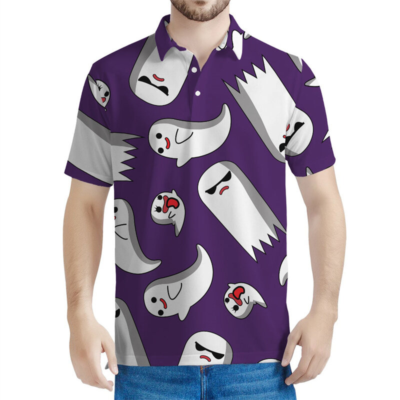 Kaus Polo Anak motif kartun Halloween, atasan longgar T-shirt motif 3d pakaian jalanan lengan pendek musim panas