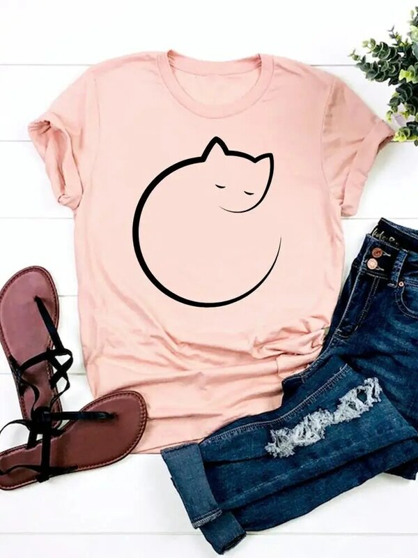 Impressão t camisa de manga curta roupas de verão roupas femininas gato preguiçoso engraçado dos desenhos animados moda gráfico camiseta básico
