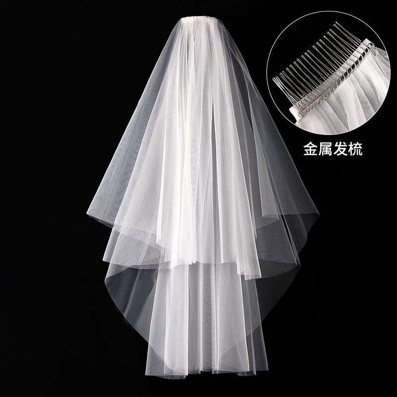 Corte curto borda véu de casamento com pente 2 camadas tule acessórios para o cabelo do casamento mulher menina