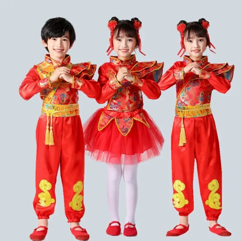 Trajes de dança folclórica chinesa tradicional, roupas de ano novo para crianças, Festival Vermelho Hanfu Oriental para meninos e meninas, trajes de palco