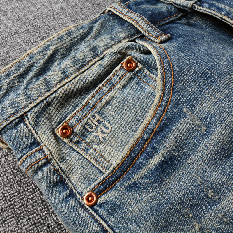 Streetwear Fashion Men Jeans High Quality Retro Washed Blue Stretch Slim Fit Ripped Jeans Men Vintage Designer Denim Pants